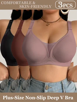 3-Pack Plus Size Anti-sag Push-up Bras, Skin-friendly & Breathable Wire-free Sports Lingerie, Wide Straps Comfortable Support