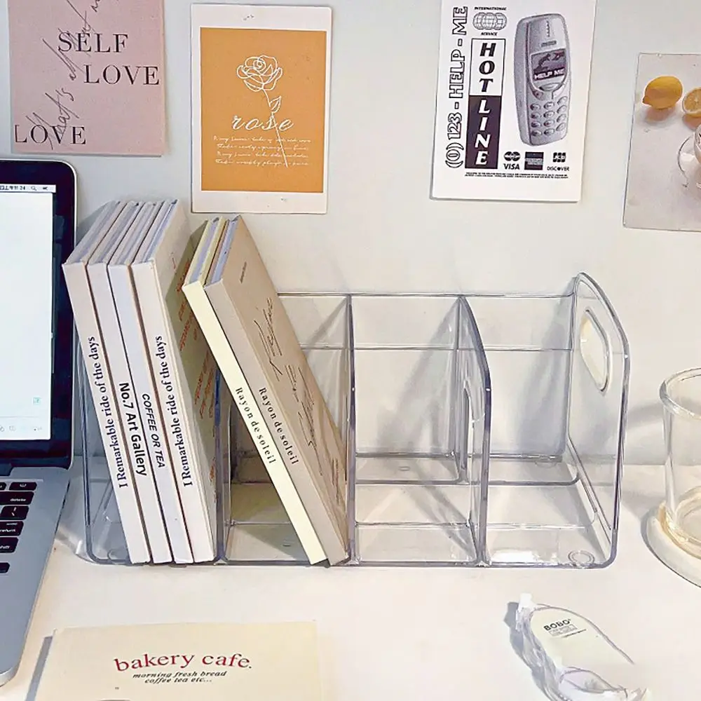 Divided Book Stand Clear Acrylic Bookends with Handle Desk Organizer Desktop Book Holder Desktop Sorting Rack Study Supplies