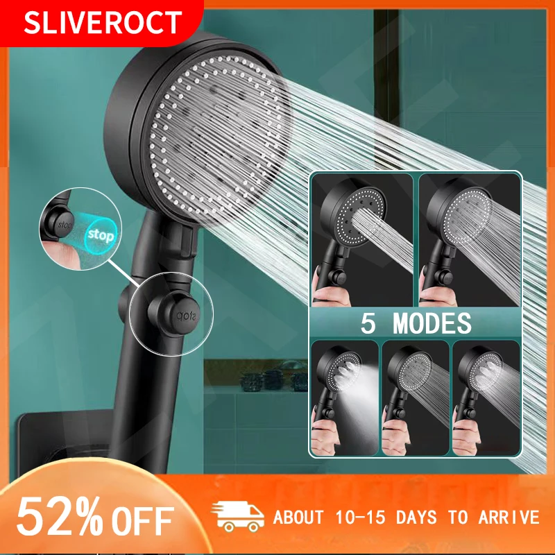 

Bathroom Shower Black 5 Modes Adjustable High Pressure Handheld Water Saving Replacement Shower Head With Stop Button Faucet Set
