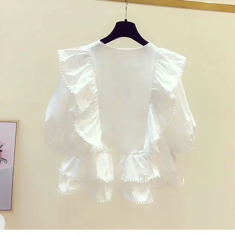 Korean Style Summer V-neck Women's Solid Color Patchwork Pleated Ruffles Fashion Office Lady Short Sleeve Loose Shirt Tops