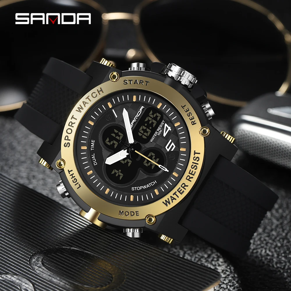 

SANDA Mens Watches Outdoor Sports Multifunction Dual Display Watch Luminous LED 50M Waterproof Watch Men Relogio Masculino 3107