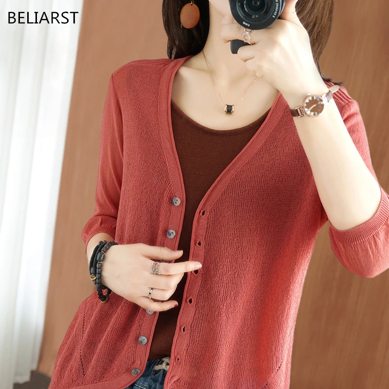 long cardigan BELIARST 100% Merino Wool Sweater 2022 Spring Autumn New Women's V-Neck Pullover Slim Fit Fashion Knitted Bottoming Top cardigan for women