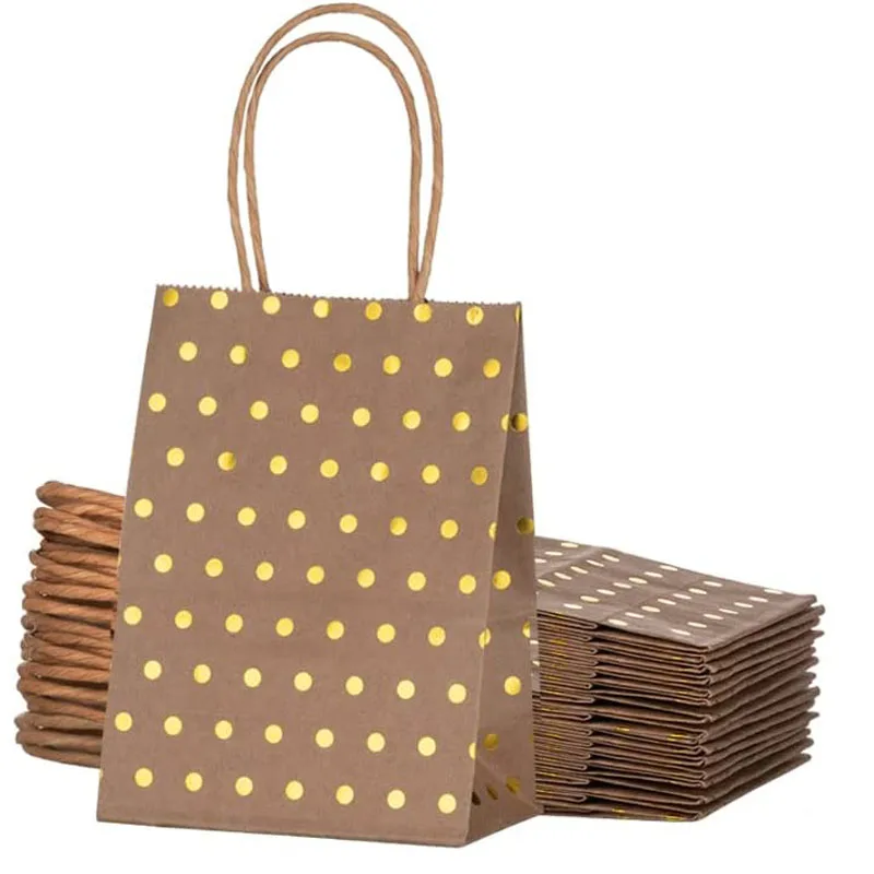 

50Pcs Small Gift Bags with Handles Paper Shopping Bags Wedding Birthday Festival Favor Packaging Recyclable Kraft Bags Brown Dot