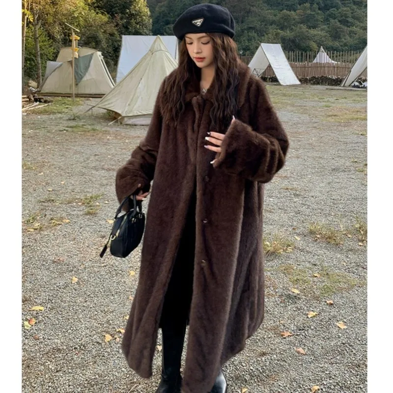 ジャケット・アウター vintage fake fur long coat Winter Vintage Brown Lapel Mink Faux Fur Coat CHIC Women Full