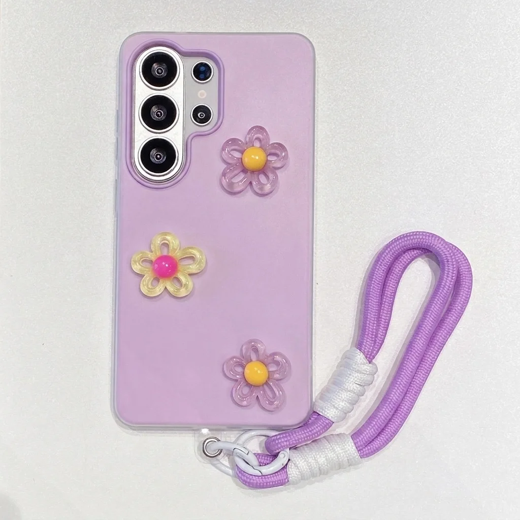 Korean Style 3D Colorful Flower Lanyard Phone Case - Shockproof TPU Soft Cover