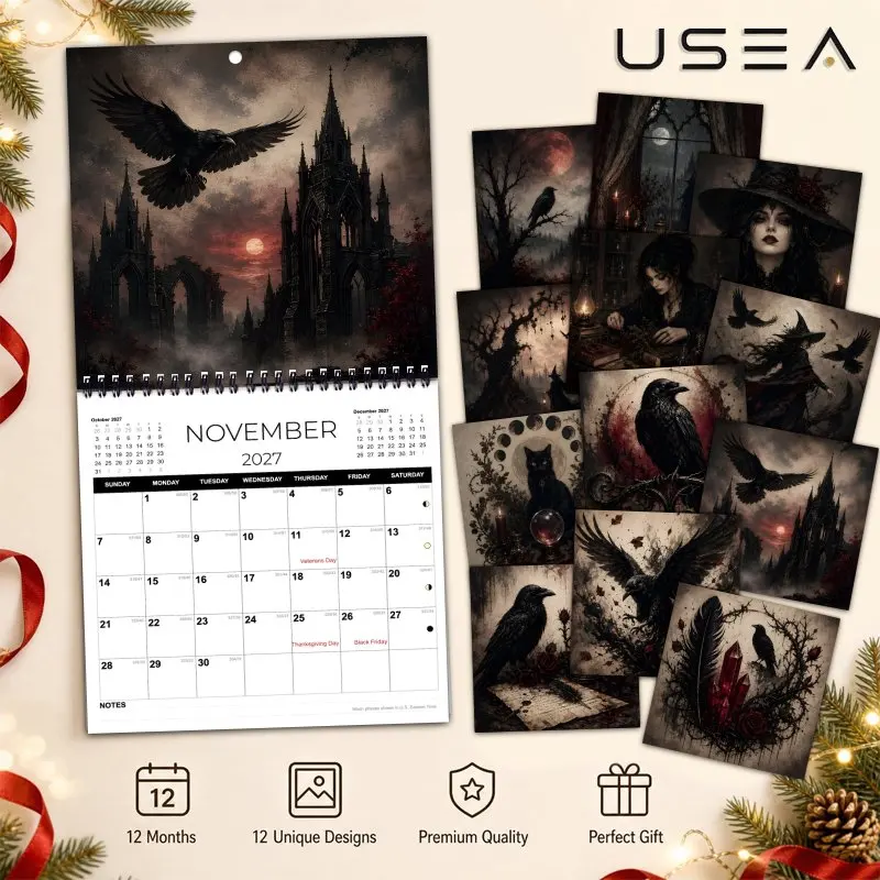 Calendario da Parete Dark Fantasy Raven2027, Agenda Annuale, Organizzatore, Tracker delle Abitudini, Diario per la Gestione del Tempo, Calendario da Appendere, Natale - immagine 6