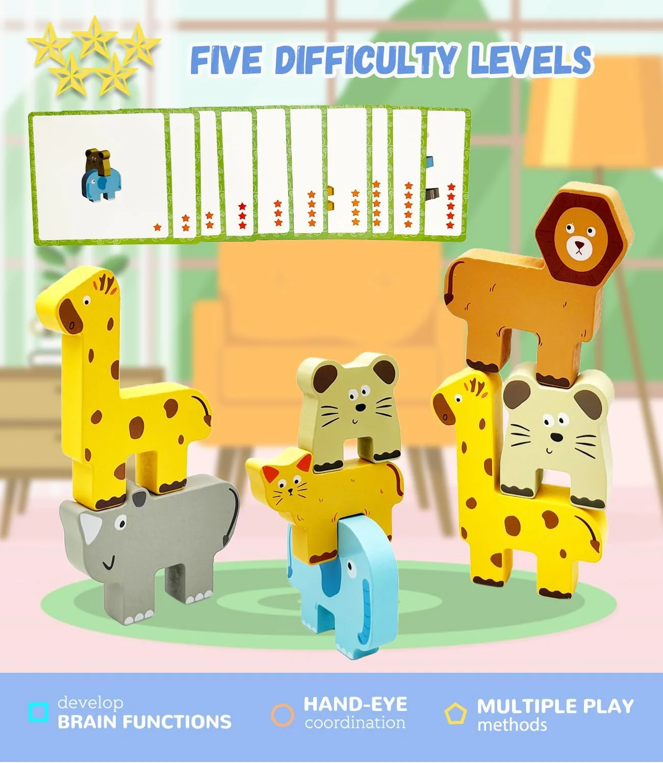 Wooden Animal Block Stacking Educational Puzzle Toy, Toddler Toys for Ages 1-3, Early Education Toys, Kids Toys