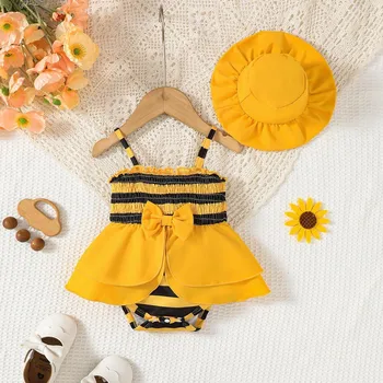 Body per 1-18 mesi Neonata Ape a righe gialle Set Abbigliamento carino con cappello da sole Set per il tempo libero estivo Tuta per bambini