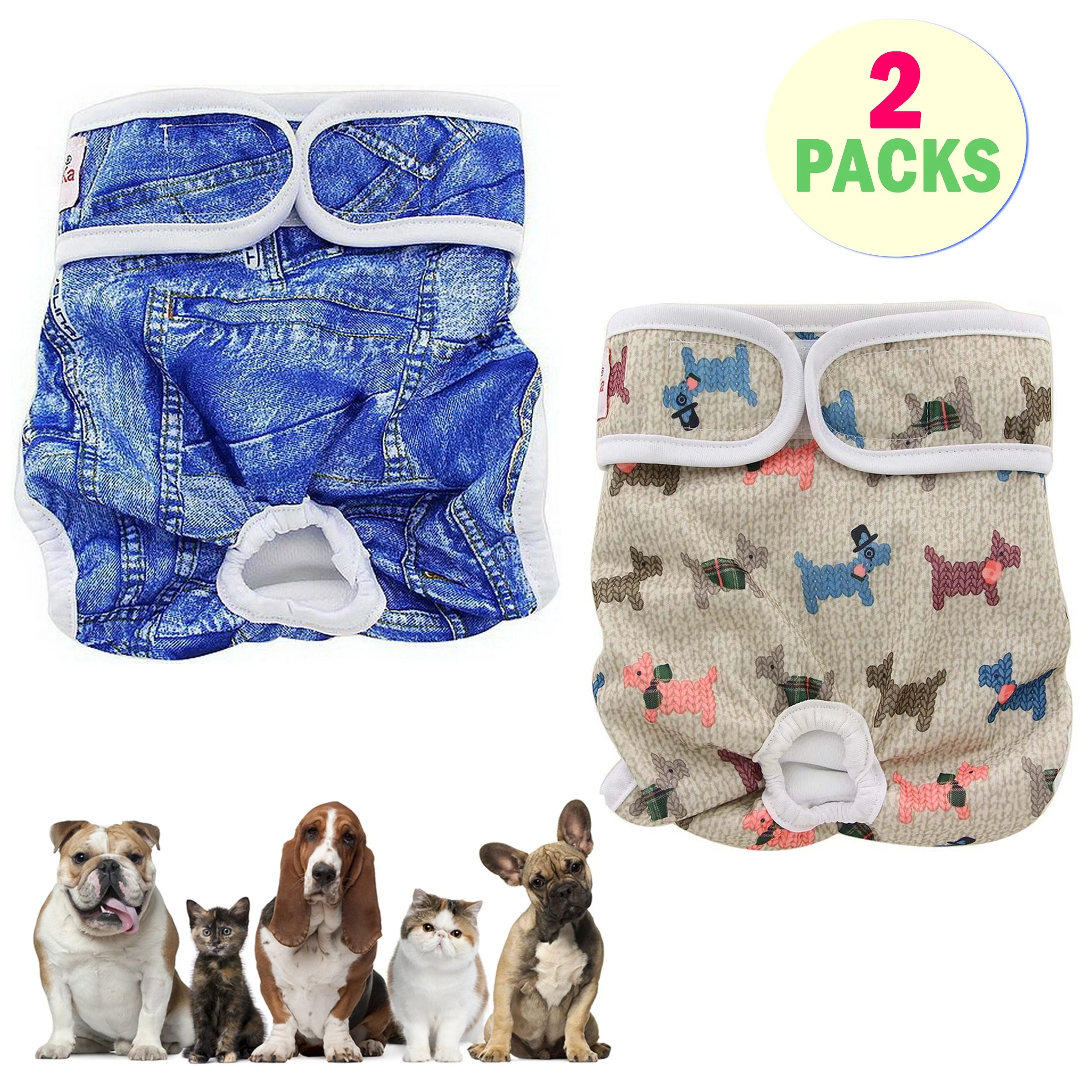 Washable Dog Diapers 2-Pack Physiological Pants Cartoon Print Diaper Reusable Sanitary Panties Nappy Belly Wrap for Female Dogs dog diapers pet diapers dog nappies