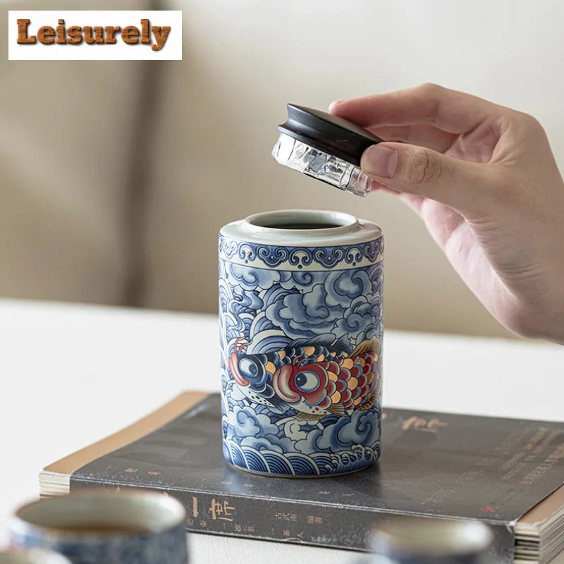 Grass Gray Blue and White Full Color Tea Box Organizer Moisture-proof Ancient Storage Tank Containers Tea Caddy Tea Service Gift