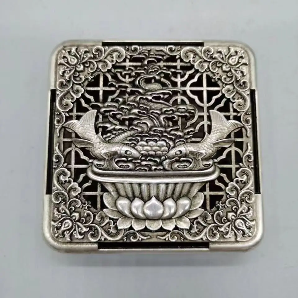 

Ancient Chinese white copper silver-plated hollow peony ink cartridge antique