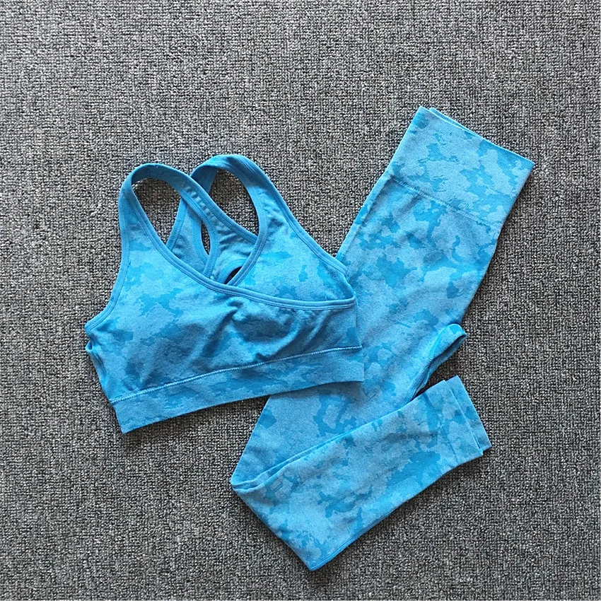 Seamless  Women Camo Yoga Sets Workout Scrunch Legging Shorts Back Cross One Female Jumpsuit Fitness Gym Rompers Active Suits