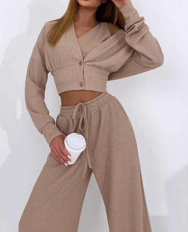 

Autumn New Women tracksuit Three Piece Set 2023 Winter Ribbed Crop Top & Drawstring Pants Set with Buttoned Coat Female Outfit