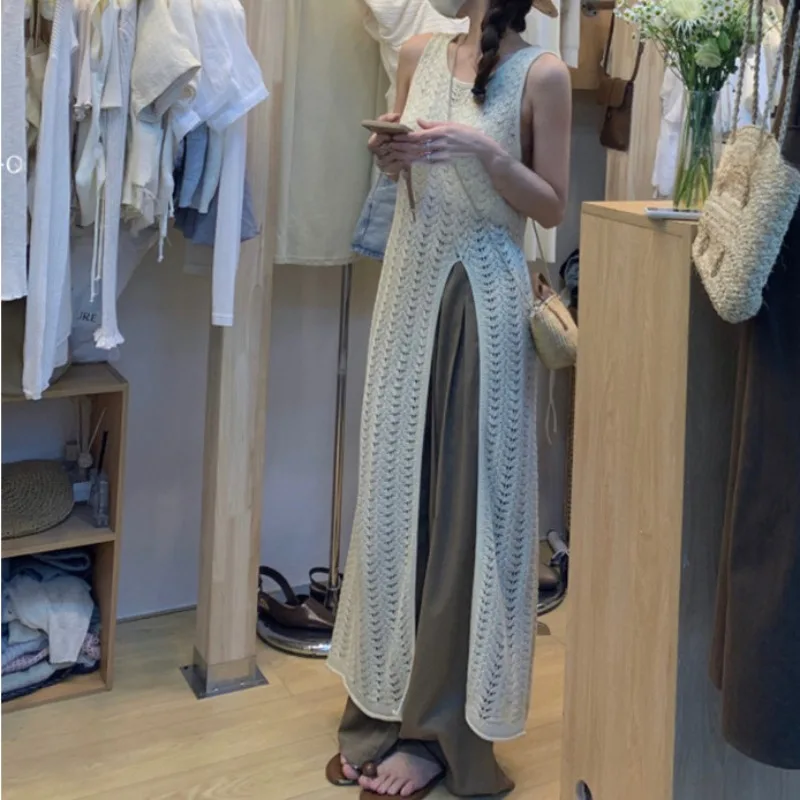 New Fashion Knitted Hollow Women's Dress Elegant Sleeveless Split Neck Beach Dress Fashion Women's Clothing