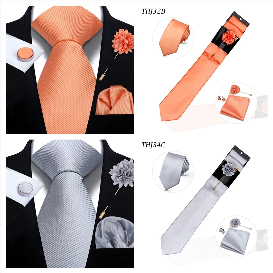 Einfarbiges Krawattenset für Herren, Hochzeitsgeschenk, Krawattenset mit Einstecktuch, Brosche, Manschettenknöpfe, Herren-Accessoires, hochwertige Krawatte – Detail 7