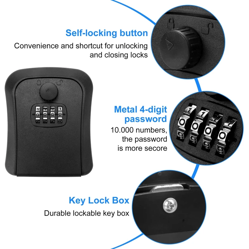 Key Lock Box, Wall-Mounted Zinc Alloy Key Box Weatherproof 4-Digit Combination Key Storage Lock Box