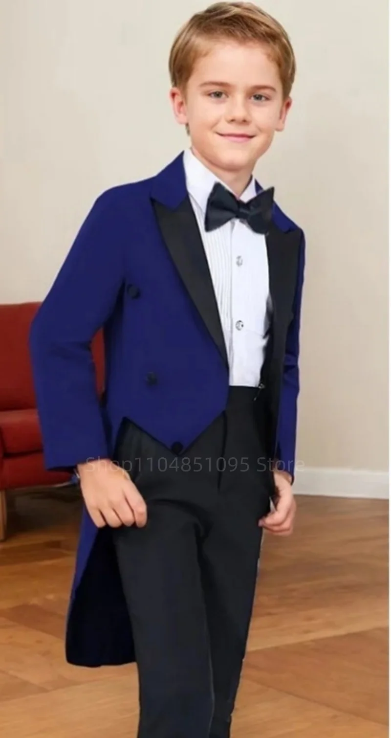 Tailcoat Boy Suits Costume 2 Pieces Child Royal Blue Jacket Pants Flower Boys Formal Party Suit Kids Wedding Suit Groom Tuxedos