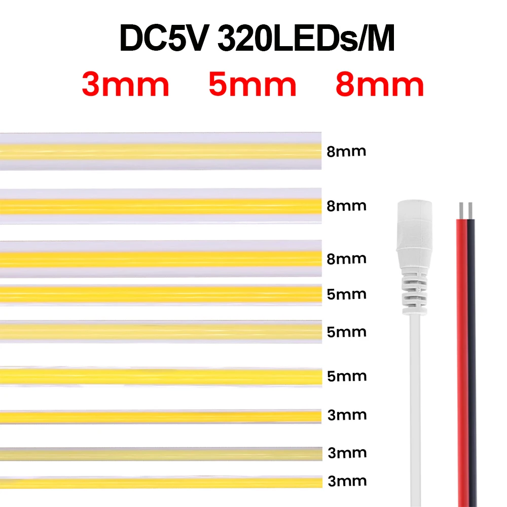 3MM 5MM 8MM COB Strip DC5V 12V 320Leds/M FOB LED Tape Warm Natural Cold White Flexible Ribbon Rope Light Lamp TV Backlight