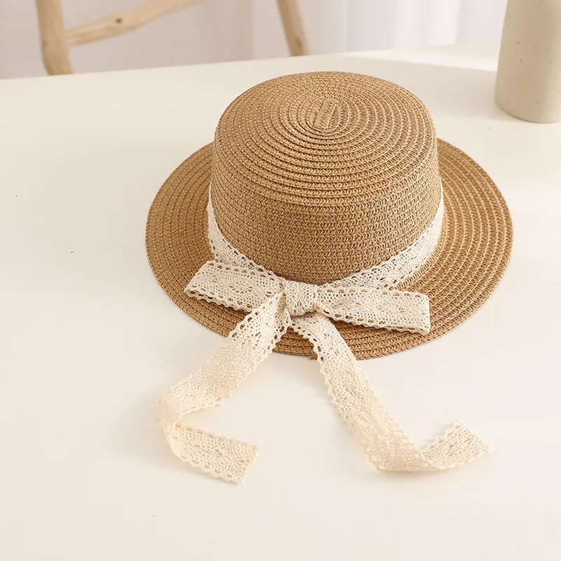 Child Summer Sun Hat Bucket Cap Simple Lace Bowknot Ribbon Flat Top Straw Hat Beach Outing Caps Panama