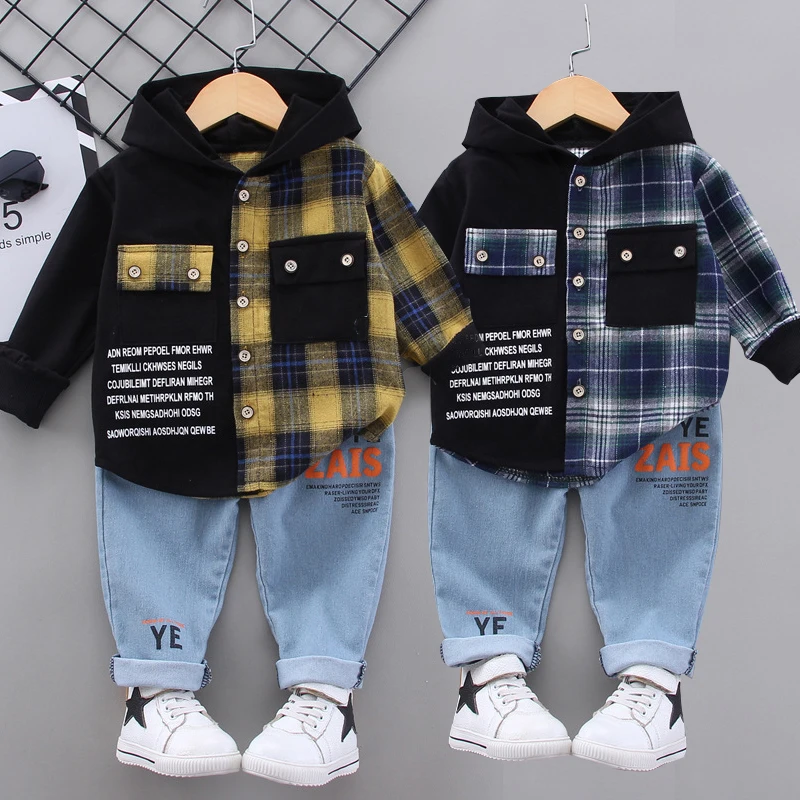 Casual Kids Children's Clothing Girl Autumn Clothing Boy Birthday Gift Toddler Boy Children's Clothes Plaid Shirt + Jean