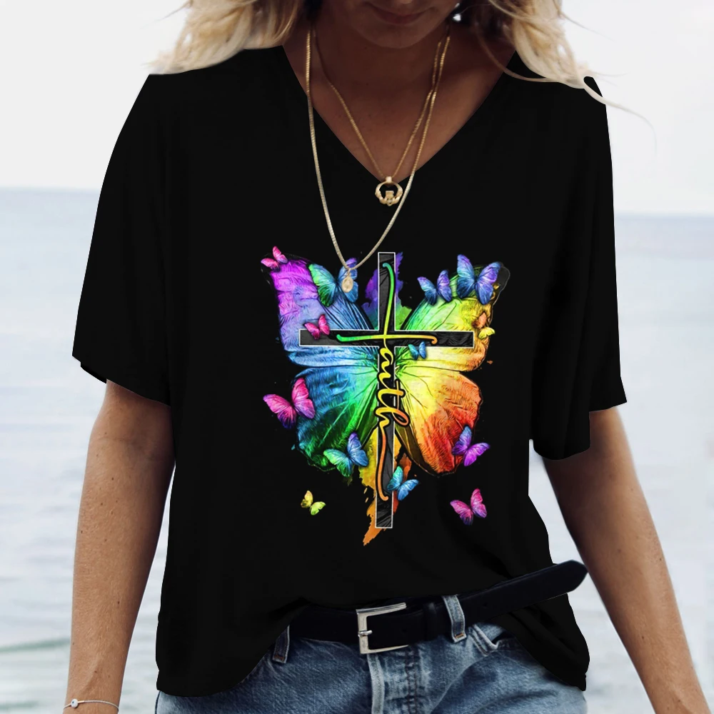 Gesù Cristo T-shirt da donna con scollo a V in cotone Pullover Haruku Abbigliamento Estate Camicia a maniche corte oversize Donna Casual801_voghion.com