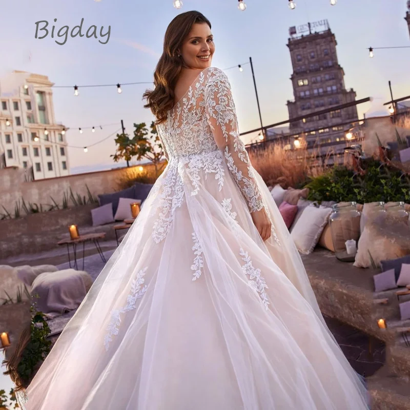 Elegant V-Neck Wedding Dresses Plus Size Lace Long Sleeve Women White Open Back Bridal Gown Train Vestidos De Novia Customized 5