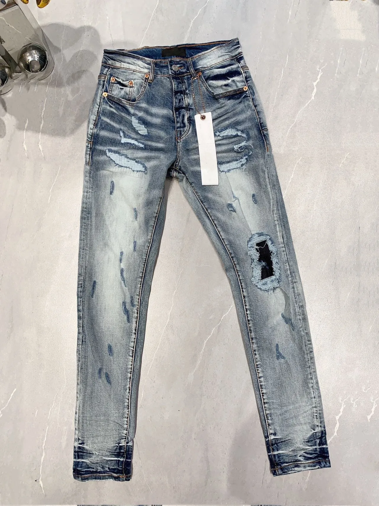 

High Street Fashion Purple Jeans Retro Blue Stretch Skinny Painted Ripped Jeans Men Designer Hip Hop Brand Pants