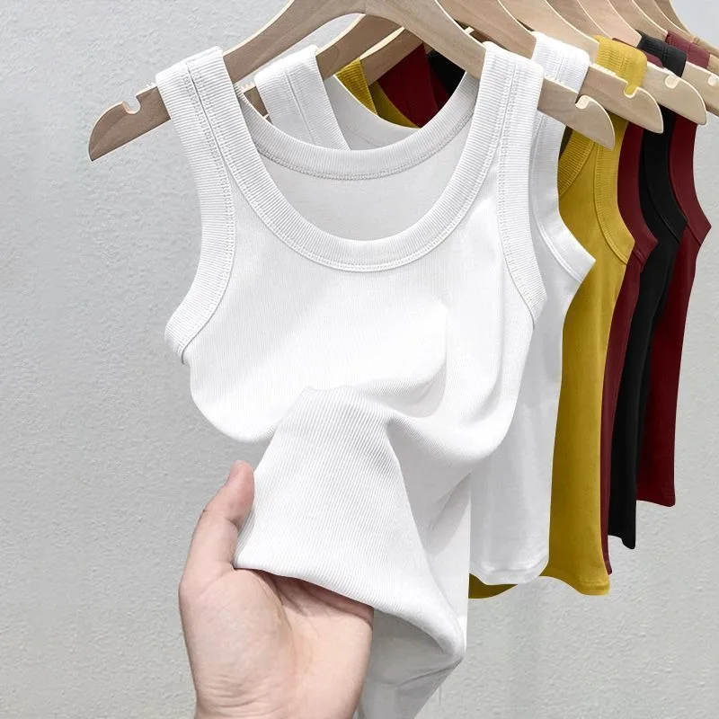 Women's Solid Round Neck RibbedTop Camisole Summer Basic Elastic Spaghetti Strap Top Lightweight Cool Base Shirt Sleeveless Vest 2