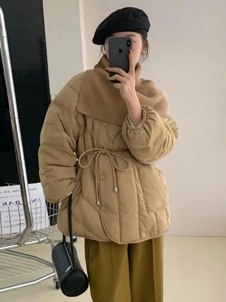 

Korean Chic Down Coat Women Winter Fashion Detachable Knit Scarf Tie Up Warm 90% White Duck Down Coat Ladies Outwear