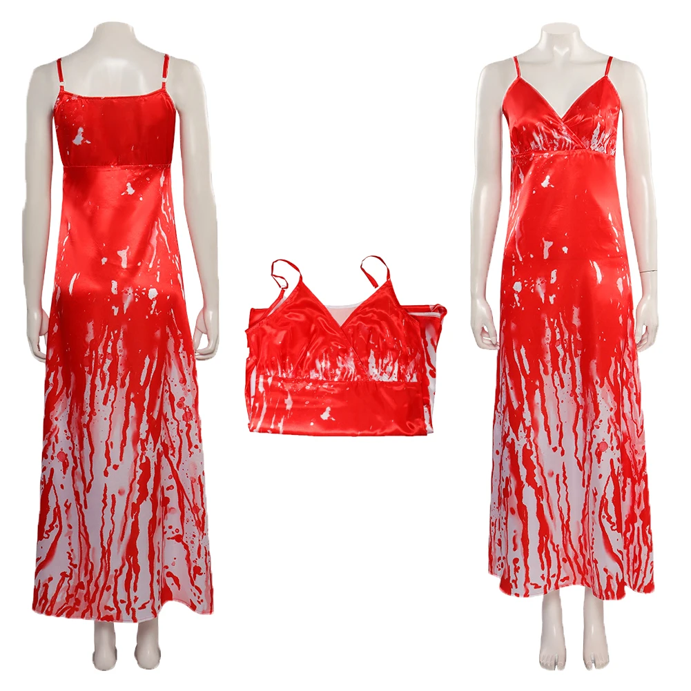 

Horror Movie Carrie Cos White Cosplay Costume Red Printed Dress For Adult Women Roleplay Halloween Carnival Party Suit Outfits