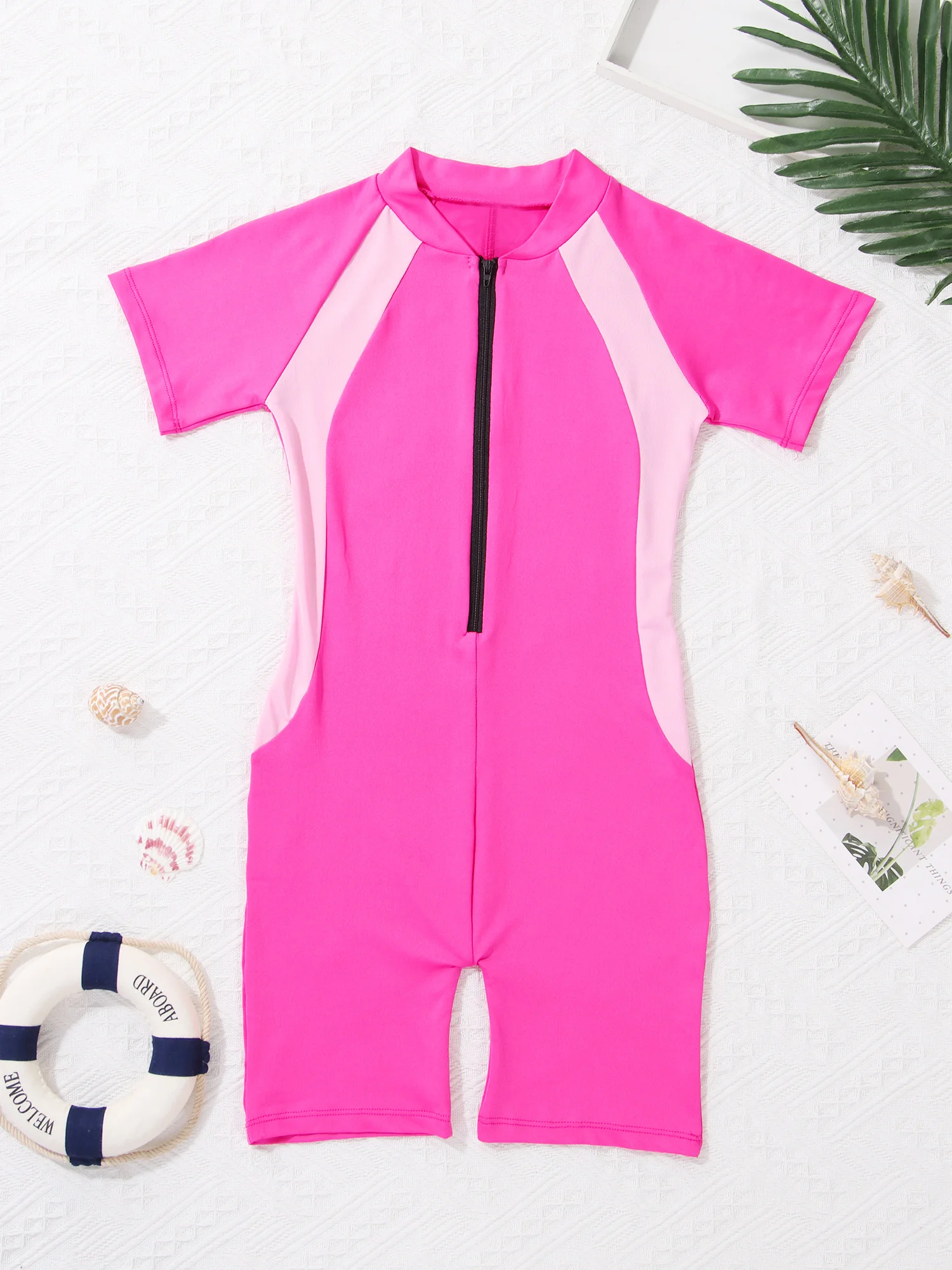 Children Rash Guard Swimsuit Zippered Shorty Wetsuit One-piece Short Sleeves Swimwear Kids Girls Surfing Swimming Bathing Suit