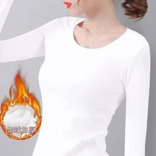 Camiseta de manga larga de terciopelo con temperatura constante para mujer, Top térmico de fibra calefactora de terciopelo fino, Otoño e Invierno