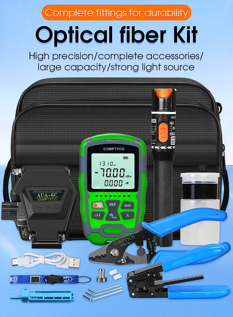 

COMPTYCO 20pcs/set FTTH Cold connection Tool Kit -70 ~+10dBm AUA-6C Fiber Cleaver Optical Power Meter 10MW Visual Fault Locator