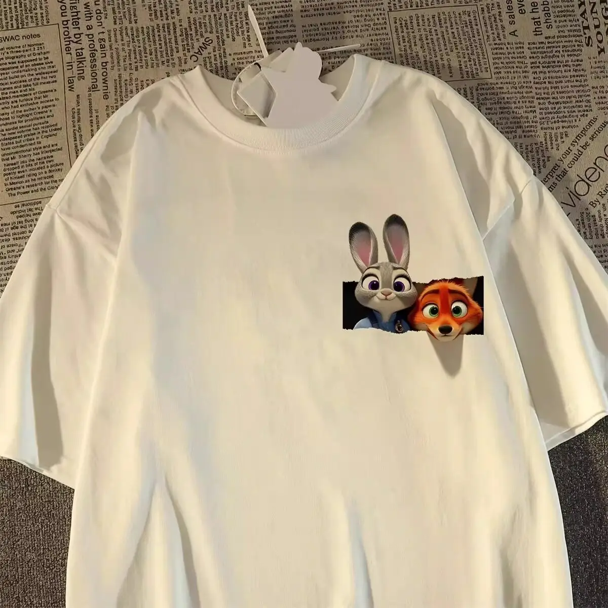 Zootopia Judy Nick Paper Break 스타일 성인 아동용 순수 코튼 티셔츠 멀티 컬러 루즈 카툰 캐주얼 스포츠 탑