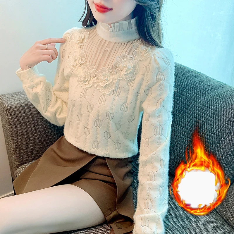 

Autumn and winter new plush and thickened French court style foreign style matte lace shirt with bottom and top for women Queen