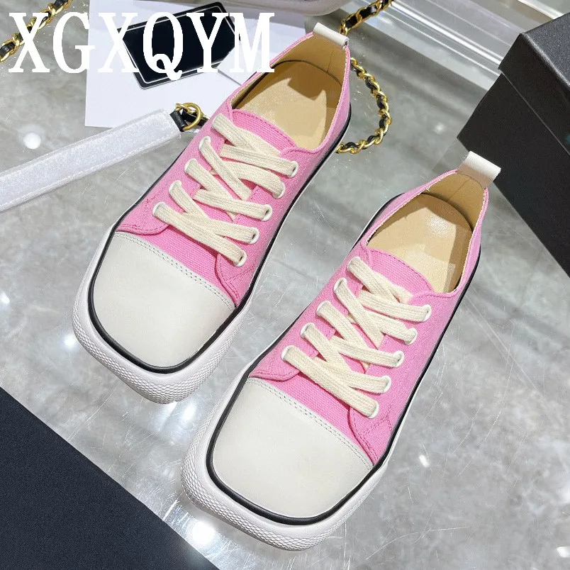 

New Colors 2022 Summer New Women Loafers Canvas Shoes Slipper Slip-on Thick Sole Lace Up Square Toe Running Sneakers Shoes Mujer