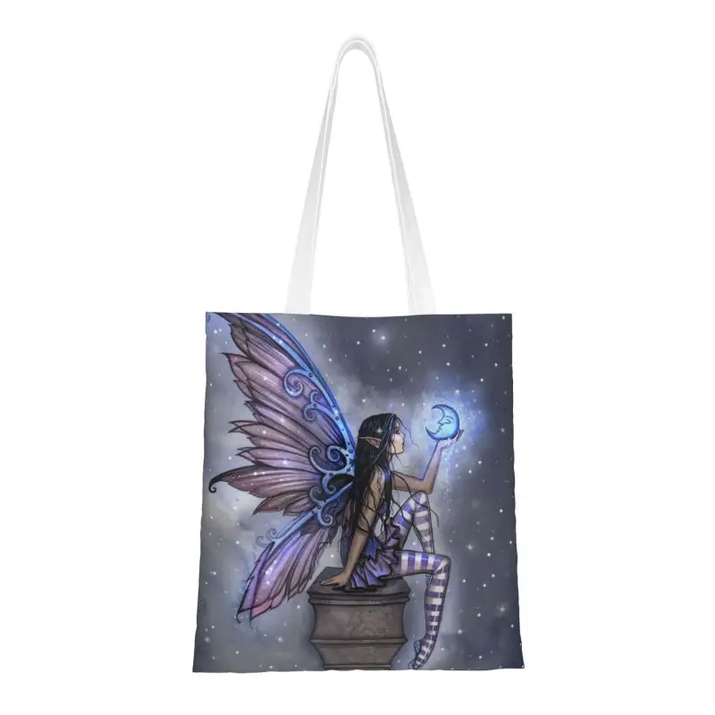 

Little Blue Moon Fairy Fantasy Art By Molly Harrison Shopping Bag Women Canvas Shoulder Tote Bag Portable Grocery Shopper Bags