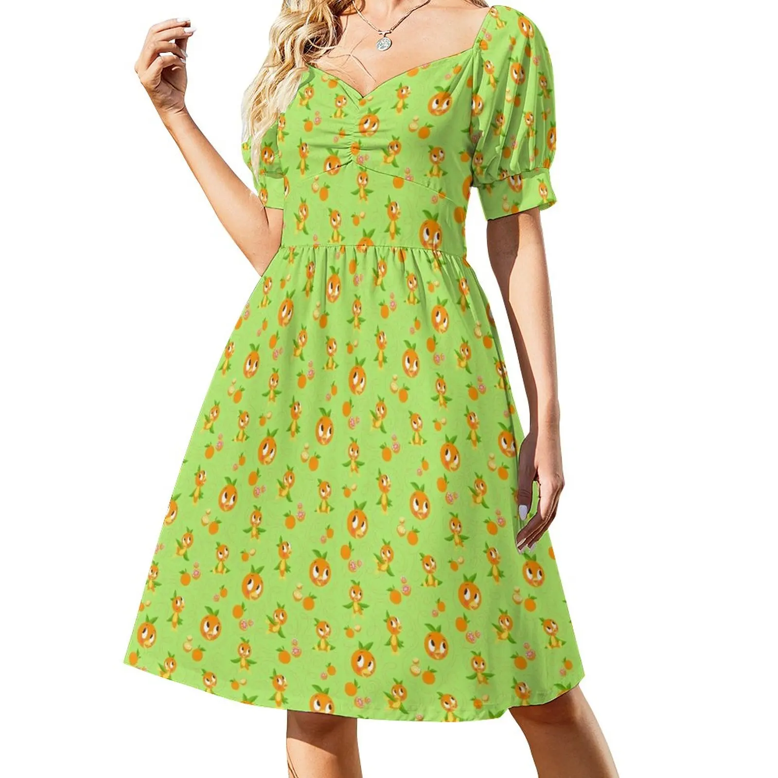 thumbnail image 1 of ¡Hello Sunshine! Vestido de pájaro naranja (Fondo Verde) para mujer ropa estética para ceremonia novedad de, 1 of 7