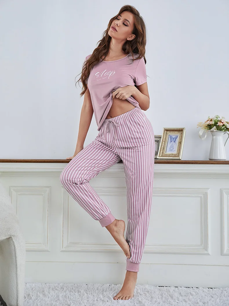 2Pcs Women Plus Size Pajamas Short-Sleeved White Striped Drawstring Trousers Student Homewear Suit Letter Print T-Shirt Ladies