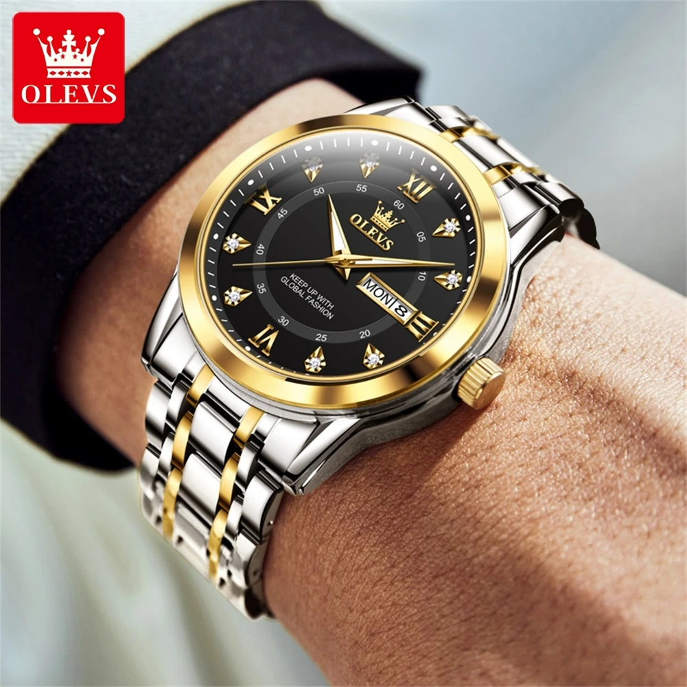 OLEVS Quartz Watches for Men Watch Luxury Diamond Dial Men's Luminous Waterproof Stainless Steel Dual Calendar Wristwatch Reloj