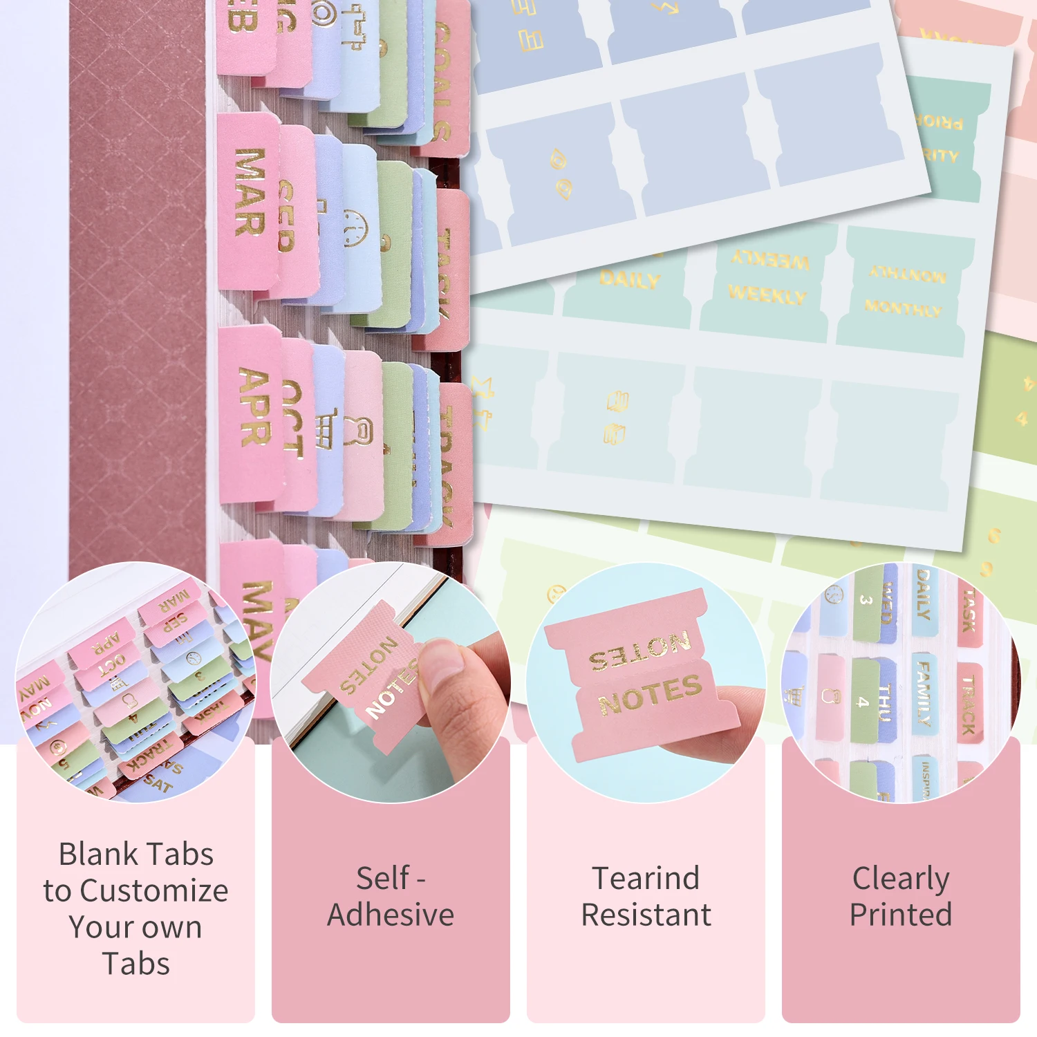 105 Separatori per Planner in Colori Pastello, Indici con Foglia d'Oro e Pagine Vuote, Separatori Autoadesivi Laminati per Diari e Agende - immagine 5