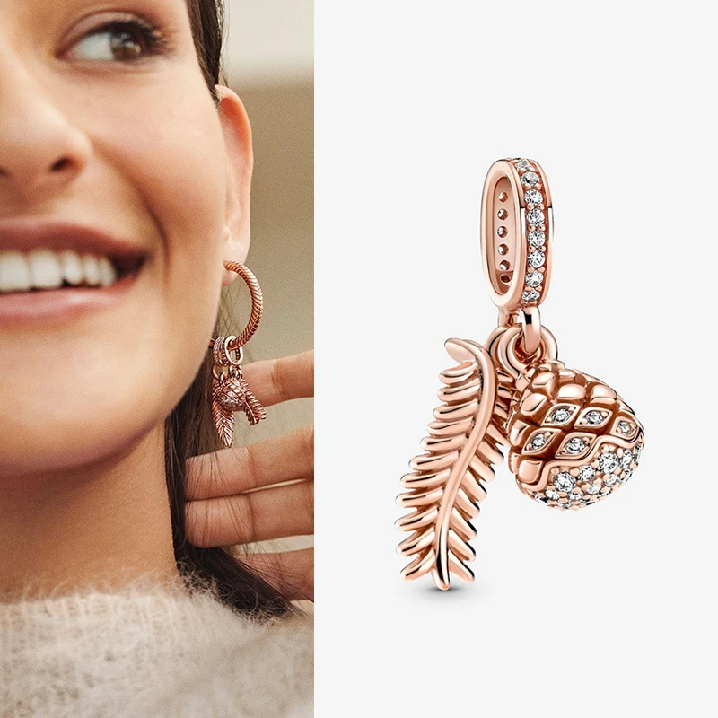 

100% 925 Sterling Silver Charm Rose Gold Acorn And Falling Leaves Pendant Fit Women Bracelet & Necklace Diy Jewelry