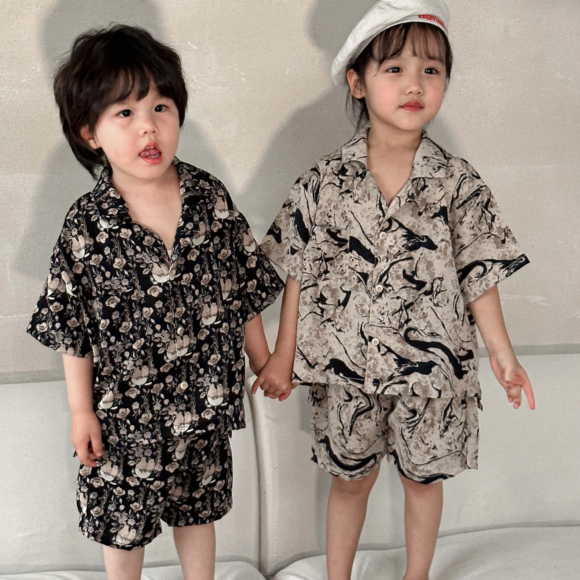 

5728C Children's Clothing Set 2023 Summer New Handsome Fried Street Boy's Suit Shirt+Short Casual Girl's Two Piece Suit