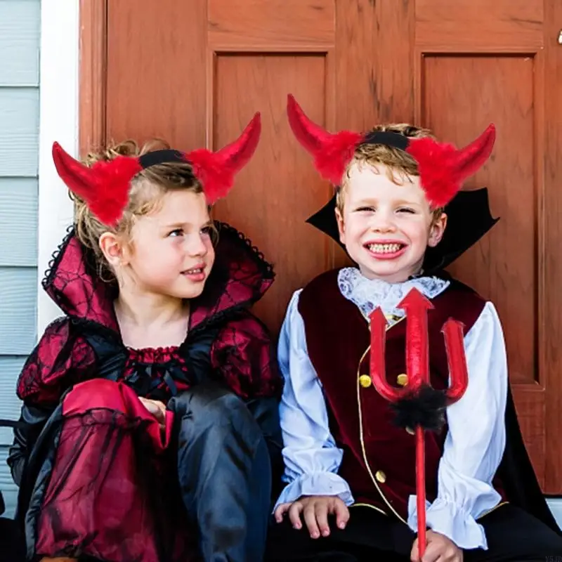 Y5JD Halloween Devil Costumes Set Tail Bowtie Devil Horn Headband Red Pitchforks Tail