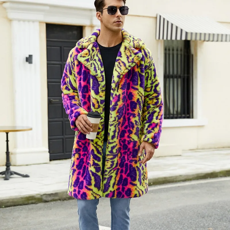 Mens Imitation Fur Jacket Autumn and Winter Warm Plush Coat Leopard Print Contrasting Coat