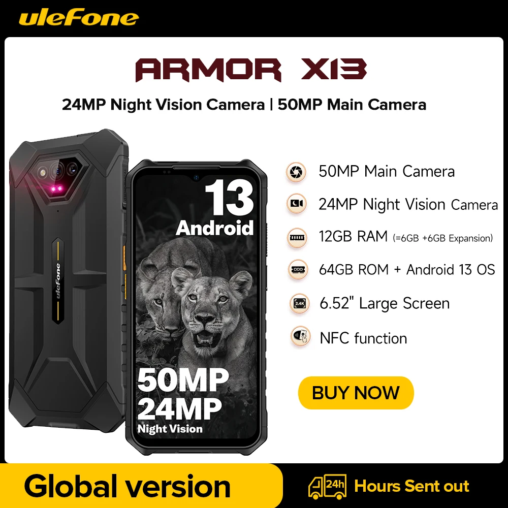 Ulefone Power Armor X13 Smartphone Impermeabile Robusto 12Gb + 64G Android 13, 6320Mah 50Mp 6.52 "Nfc 4G, Versione Globale Gps