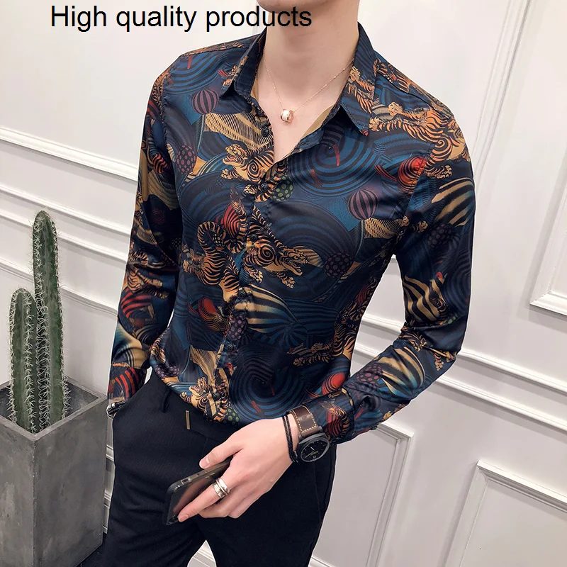 

2023 Men Shirt Long Sleeve Hawaiian Social Luxury Button Up Cardigan Blouses Wholesale Single Breasted Turn-down Collar Broad