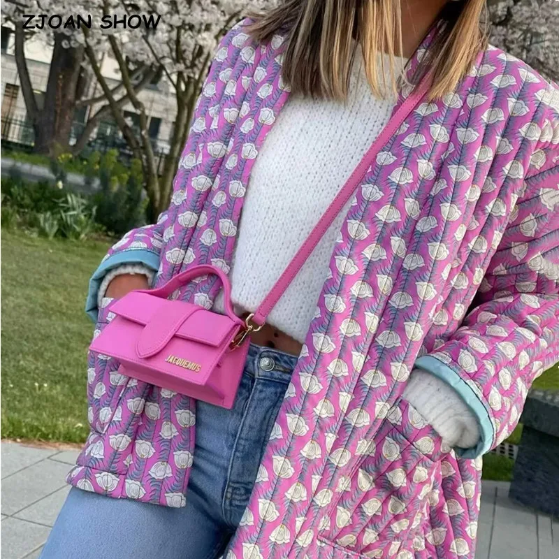 2023 Autumn Winter Pinkpurple Shell Print V Collar Quilted Coat Ethnic Women Long Sleeve Oversized Jackets Loose Outwear