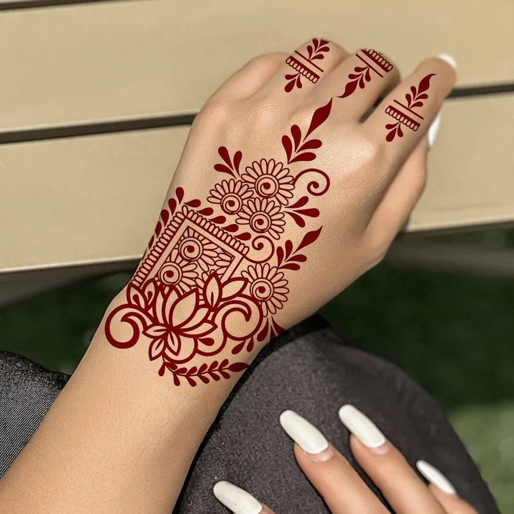 Waterproof Henna Tattoo Stickers for Women Flower Instant Fake Tattoo for Hand Temporary Tattoos for Wedding Party Festival 2