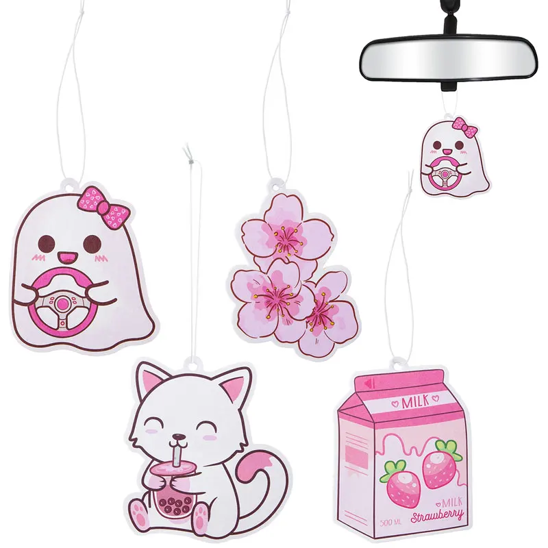 Car Air Freshener Cute Incense Chip Pink White Cherry Flower Strawberry Milk Hanging Ornament Fragrance Pendant Gift 4Pcs/Set car air freshener refills